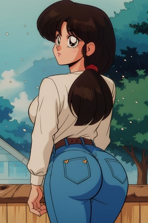 kasumi tendo, yellow color long sleeves button shirt, dark purple color jeans, brown hair,  brown eyes, wide big butt, thicc curvy hips, love_expression, walking, back view, looking_at_viewer, raining ally street, masterpiece,  best quality,  detailed face,  detailed eyes,  highres, Extremely Realistic, ,filmic, 80s film
