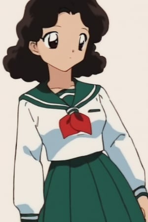 1girl, solo, long hair, looking at viewer, skirt, simple background, shirt, black hair, long sleeves, white background, brown eyes, closed mouth, school uniform, standing, white shirt, cowboy shot, pleated skirt, serafuku, sailor collar, neckerchief, wavy hair, expressionless, green skirt, red neckerchief, arms at sides, retro artstyle, green sailor collar