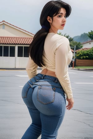 kasumi tendo, yellow long sleeves button shirt, purple jeans, brown hair,  brown eyes, wide big butt, thicc curvy hips, love_expression, walking, back view, looking_at_viewer, raining ally street, masterpiece,  best quality,  detailed face,  detailed eyes,  highres, Extremely Realistic, ,filmic, 80s film
