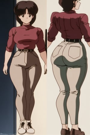 24 year old Milf Female, red long sleeves turtleneck shirt,tight brown trousers, grey boots, short neck curvy bang brown hair, brown eyes, curvy wide hips, Thicc Juicy Big Butt, 40 inches butt, character_sheet, looking-at-viewer, masterpiece, best quality, detailed face, HD detailed, high_resolution, Shinji_Nishikawa_Artstyle, Shoujo_Anime,90s Aesthetic,retro artstyle
