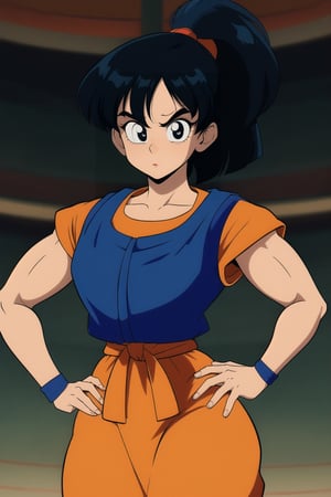 Solo_Female, ((Turtle Goku Gi Uniform)), ((Orange Skirt dress)), curly bob curvy bang black hair, ponytail, black eyes, curvy_wide_hips hips, looking-at-viewer, character_sheet, Concert Art, masterpiece, best quality, detailed face, detailed, highres, 80s Anime Artstyle