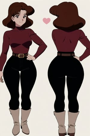 24 year old Milf Female, red long sleeves turtleneck shirt,tight brown trousers, grey boots, short neck curvy bang brown hair, brown eyes, curvy wide hips, Thicc Juicy Big Butt, 40 inches butt, character_sheet, looking-at-viewer, masterpiece, best quality, detailed face, HD detailed, high_resolution, Shinji_Nishikawa_Artstyle, Shoujo_Anime,90s Aesthetic,1girl, breasts, looking at viewer, smile, short hair, brown hair, shirt, brown eyes, medium breasts, full body, ass, heart, boots, belt, looking back, pants, sweater, english text, sketch, hand on hip, multiple views, mask, turtleneck, traditional media, red shirt, curly hair, mouth mask, retro artstyle, reference sheet, 1980s \(style\),