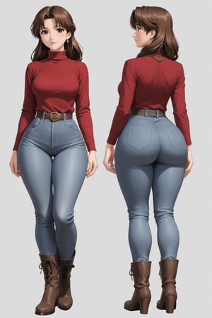 Age 40-year-old, red long sleeves turtleneck shirt, tight brown trousers pants, grey rain boots, long curvy bang brown hair, brown eyes, curvy wide hips, Thicc Juicy jiggling Big Butt, 46 inches butt, character_sheet, masterpiece, best quality, detailed face, detailed buttocks and tight pants, 4K detailed, high-resolution, Shinji_Nishikawa_Artstyle, Shoujo_Anime,90s Aesthetic, 1980s \(style\), 