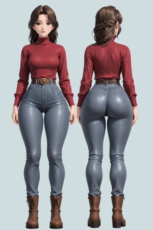 Age 24-year-old, wet and Soak clothes, red long sleeves turtleneck shirt, tight brown trousers pants, grey rain boots, long curvy bang brown wet hair, brown eyes, curvy wide hips, Thicc Juicy jiggling Big Butt, 46 inches butt, character_sheet, masterpiece, best quality, detailed face, 4K detailed buttocks and tight pants, 4K detailed, high-resolution, Shinji_Nishikawa_Artstyle, Shoujo_Anime,90s Aesthetic, 1980s \(style\), 