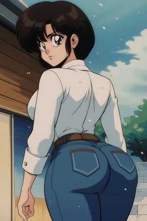 kasumi tendo, yellow long sleeves button shirt, purple jeans,  brown belt, brown hair,  brown eyes, wide big butt, thicc curvy hips, love_expression, walking, back view, looking_at_viewer, raining ally street, masterpiece,  best quality,  detailed face,  detailed eyes,  highres, Extremely Realistic, ,filmic, 80s film
