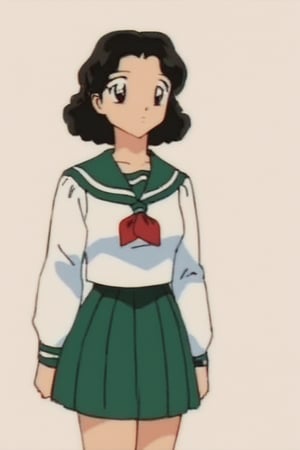 1girl, solo, long hair, looking at viewer, skirt, simple background, shirt, black hair, long sleeves, white background, brown eyes, closed mouth, school uniform, standing, white shirt, cowboy shot, pleated skirt, serafuku, sailor collar, neckerchief, wavy hair, expressionless, green skirt, red neckerchief, arms at sides, retro artstyle, green sailor collar