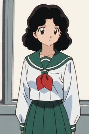 1girl, solo, long hair, looking at viewer, skirt, simple background, shirt, black hair, long sleeves, white background, brown eyes, closed mouth, school uniform, standing, white shirt, cowboy shot, pleated skirt, serafuku, sailor collar, neckerchief, wavy hair, expressionless, green skirt, red neckerchief, arms at sides, retro artstyle, green sailor collar