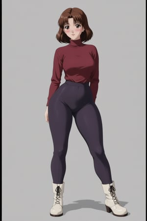 Age 24-year-old, red long sleeves turtleneck shirt, tight black double front washed duck loose fit pants, grey jumpboots, long curvy bob bang brown hair, brown eyes, curvy wide hips, Thicc Juicy jiggling Bulge Big Butt, 51 inches butt, blushing in embarrassment, character_sheet, masterpiece, best quality, detailed face, detailed buttocks and tight pants, 4K detailed, high-resolution, Shinji_Nishikawa_Artstyle, Shoujo_Anime,90s Aesthetic, 1980s \(style\), 