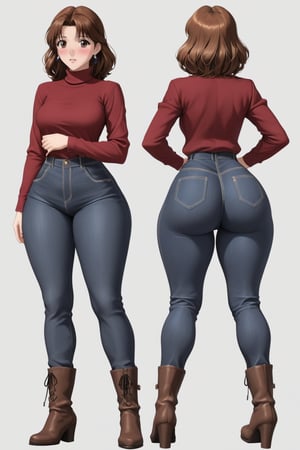 Age 24-year-old, red long sleeves turtleneck shirt, tight black work businesstrousers pants, grey rain boots, long curvy bang brown hair, brown eyes, curvy wide hips, Thicc Juicy jiggling Bulge Big Butt, 51 inches butt, blushing in embarrassment, girl looking at her butt in shock expression, mouth agape, inflating butt, hand_on_butt,  character_sheet, masterpiece, best quality, detailed face, detailed buttocks and tight stretch pants, 4K detailed, high-resolution, Shinji_Nishikawa_Artstyle, Shoujo_Anime,90s Aesthetic, 1980s \(style\), 