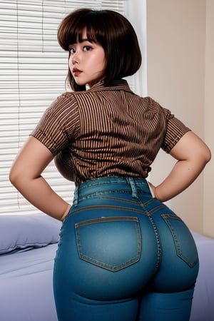 TendouNabiki, ((white red stripe shirt)), ((blue jeans)), ((inflatable jeans)), curly short bob curvy bang brown hair, brown eyes, curvy wide hips, thicc juicy butt, Bootylicious, hands on hips, back_view looking-at-viewer, bedroom, masterpiece, best quality, detailed face, detailed, highres, cinematic moviemaker style,