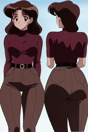 24 year old Milf Female, red long sleeves turtleneck shirt,tight brown trousers, grey boots, short neck curvy bang brown hair, brown eyes, curvy wide hips, Thicc Juicy Big Butt, 40 inches butt, character_sheet, looking-at-viewer, masterpiece, best quality, detailed face, HD detailed, high_resolution, Shinji_Nishikawa_Artstyle, Shoujo_Anime,90s Aesthetic, retro artstyle, reference sheet, 1980s \(style\),