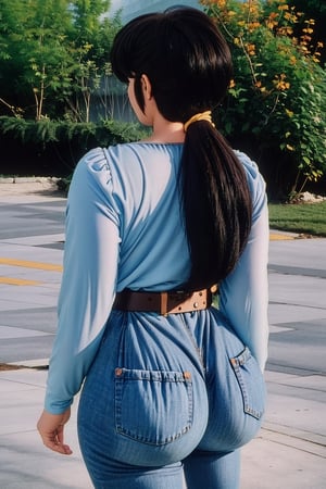 kasumi tendo, yellow long sleeves button shirt, purple jeans,  brown belt, brown hair,  brown eyes, wide big butt, thicc curvy hips, love_expression, walking, back view, looking_at_viewer, raining ally street, masterpiece,  best quality,  detailed face,  detailed eyes,  highres, Extremely Realistic, ,filmic, 80s film
