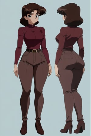 24-year-old Mature Milf Female, red long sleeves turtleneck shirt, tight brown pants, grey boots, curvy bang brown hair, brown eyes, curvy wide hips, Thicc Juicy Big Butt, (46 inches butt), huge ass, grabbing own ass, hands on ass, ass support, hands on own ass, concept art, full body, masterpiece, best quality, detailed face, HD detailed, high-resolution, Shinji_Nishikawa_Artstyle, Shoujo_Anime,90s Aesthetic, reference sheet, 1980s \(style\),