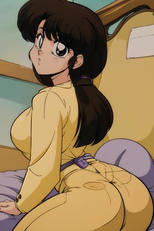 Tendou_kasumi, ((yellow long sleeves button shirt)), ((purple jeans)), ((inflatable jeans)), brown hair, brown eyes, curvy wide hips, thicc juicy butt, Bootylicious, back_view, looking-at-viewer, laying on bed, masterpiece, best quality, detailed face, detailed, highres, cinematic moviemaker style,