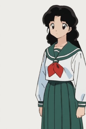 1girl, solo, long hair, looking at viewer, skirt, simple background, shirt, black hair, long sleeves, white background, brown eyes, closed mouth, school uniform, standing, white shirt, cowboy shot, pleated skirt, serafuku, sailor collar, neckerchief, wavy hair, expressionless, green skirt, red neckerchief, arms at sides, retro artstyle, green sailor collar