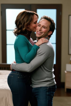 jennifer love hewitt, red long sleeves turtleneck shirt, brown jeans, curly short bob curvy bang brown hair, brown eyes, (thicc butt implants), curvy wide hips, Bootylicious, making out with Breckin Meyer, ((hugging and kissing)), Breckin Meyer hands fondling jennifer love hewitt butt, back_view, bedroom, masterpiece, best quality, detailed face, detailed, highres, cinematic moviemaker style