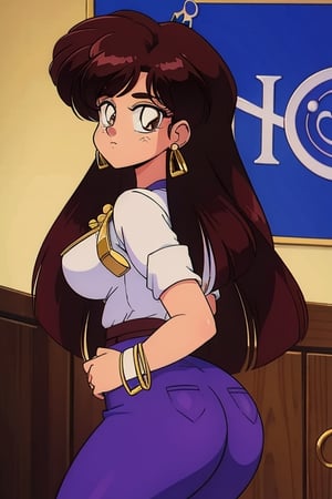 Kuonji Ukyo, solo, 1 women, blue business suit, violet pants, white tie, red belt with gold ring in the middle, long brown hair, brown eyes, thicc big hips, curvy_hips, both hands over hips, office, back view, looking_at_viewer, masterpiece, best quality, detailed face, detailed eyes, highres, HD quality 
