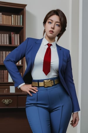 blue business suit, violet pants, white tie, red belt with gold ring in the middle, brown hair, blue eyes, thicc big hips, curvy_hips, both hands over hips, office, masterpiece, best quality, detailed face, detailed eyes, highres,

