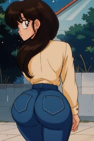 kasumi tendo, yellow color long sleeves button shirt, dark purple color jeans, brown hair,  brown eyes, wide big butt, thicc curvy hips, love_expression, walking, back view, looking_at_viewer, raining ally street, masterpiece,  best quality,  detailed face,  detailed eyes,  highres, Extremely Realistic, ,filmic, 80s film
