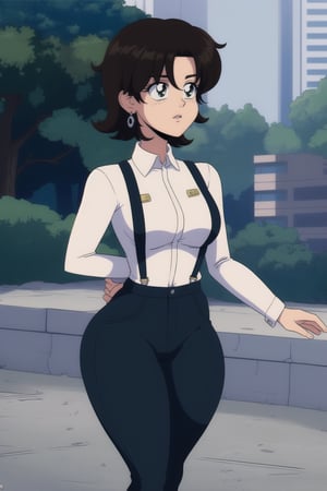 Miki Saegusa, curly short bob curvy bang brown hair, brown eyes, curvy wide hips, Bootylicious, white long sleeve shirt, green suspenders pants, black footwear boots, earrings, destroyed city landscape, masterpiece,  best quality,  detailed face,  detailed eyes, high_resolution ,EPTakeuchiNaokoStyle