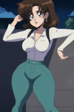 Miki Saegusa, short curly bob curvy bang brown hair, brown eyes, curvy wide hips, Bootylicious, white long sleeve shirt, brown green suspenders pants, black footwear boots, earrings, destroyed city, masterpiece,  best quality,  detailed face,  detailed eyes, high_resolution, Anime 1990s (style),