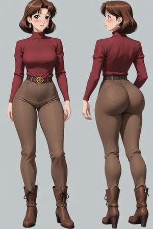 Age 24-year-old, red long sleeves turtleneck shirt, tight brown trousers pants, grey rain boots, long curvy bang brown hair, brown eyes, curvy wide hips, Thicc Juicy jiggling Bulge Big Butt, 51 inches butt, blushing in embarrassment, girl looking at her butt in shock expression, mouth agape, inflating butt, hand_on_butt,  character_sheet, masterpiece, best quality, detailed face, detailed buttocks and tight pants, 4K detailed, high-resolution, Shinji_Nishikawa_Artstyle, Shoujo_Anime,90s Aesthetic, 1980s \(style\), 