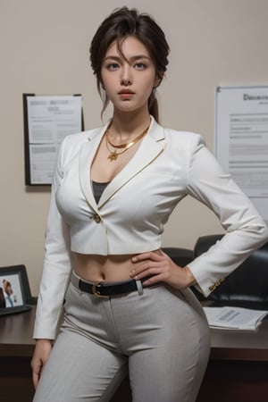 brown business suit, grey white pants, black tie, black belt with gold ring in the middle, neckleight brown hair, blue eyes, thicc big hips, curvy_hips, both hands over hips, office, masterpiece, best quality, detailed face, detailed eyes, highres,

