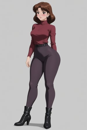 Age 24-year-old, red long sleeves turtleneck shirt, tight black work office trousers, grey jumpboots, long curvy bob bang brown hair, brown eyes, curvy wide hips, Thicc Juicy jiggling Bulge Big Butt, 51 inches butt, blushing in embarrassment, character_sheet, masterpiece, best quality, detailed face, detailed buttocks and tight stretch pants, 4K detailed, high-resolution, Shinji_Nishikawa_Artstyle, Shoujo_Anime,90s Aesthetic, 1980s \(style\), 