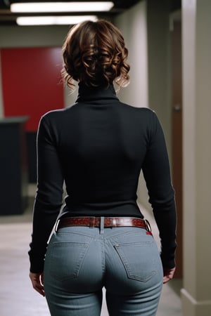 jennifer love hewitt, age 35 year old,  red long sleeves turtleneck shirt, grey jeans, curly short bob curvy bang brown hair, brown eyes, thicc big butt, curvy wide hips, Bootylicious, thicc big butt, curvy wide hips, nice butt view, injured, Face bruise, tied up on with rope, laying on the ground, back_view,looking_at_the_viewer, dark basement, masterpiece,  best quality,  detailed face,  detailed eyes,  highres, cinematic moviemaker style, 1980s horror film style 