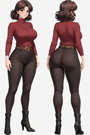 1milf, 24-year-old, hair, breasts, looking at viewer, blush, bangs, large breasts, long curly curvy brown hair, shirt, long sleeves, white background, closed mouth, standing, brownn eyes, full body, ass, sidelocks, thighs, shoes, belt, realistic work office pants, indoors, from behind, sweater, multiple views, turtleneck, grey timbs boots, thick thighs, curvy, wide hips, black trousers, brown belt, tight, red sweater, laptop, pantylines, Thicc Juicy jiggling Bulge Big Butt, 51 inches butt, character_sheet, masterpiece, best quality, detailed face, 4K detailed, high-resolution, detailed butt and hair, Shinji_Nishikawa_Artstyle, Shoujo_Anime,90s Aesthetic, 1980s \(style\),