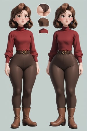 Age 24-year-old, red long sleeves turtleneck shirt, tight dark brown work trousers, dark grey jumpboots, long curly curvy bob bang brown hair, brown eyes, curvy wide hips, Thicc Bulge Big Butt, 51 inches butt, blushing in embarrassment, different poses, different facial expressions, character_sheet, masterpiece, best quality, detailed hair and face, detailed buttocks and tight pants, 4K detailed, high-resolution, Shinji_Nishikawa_Artstyle, Shoujo_Anime,90s Aesthetic, 1980s \(style\),multiple views of the same character,model sheet,chatacter sheet,disney pixar style