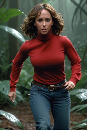 jennifer love hewitt, age 24 years old, (red long sleeves turtleneck shirt), thicc jeans, curly short bob curvy bang brown hair, brown eyes, (thicc juicy butt implants), curvy wide waist, Bootylicious, (back_view), running away from a baryonyx in the jungle, stormy raining, masterpiece, best quality, detailed face, detailed, highres, cinematic moviemaker style,((1990s style))