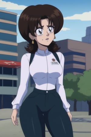 Miki Saegusa, short curly bob curvy bang brown hair, brown eyes, curvy wide hips, Bootylicious, white long sleeve shirt, brown green suspenders pants, black footwear boots, earrings, destroyed city, masterpiece,  best quality,  detailed face,  detailed eyes, high_resolution, Anime 1990s (style),EPTakeuchiNaokoStyle,photorealistic