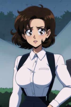 1girl, looking at viewer, curvy wave brown hair, shirt, 1girl, white shirt, upper body, parted lips, solo focus, long sleeves collared shirt, brown eyes, uniform, black suspenders, wet_clothes, wet hair, rainning outside, masterpiece, best quality, detailed face, HD detailed, high_resolution, Shinji_Nishikawa_Artstyle, Shoujo_Anime,90s Aesthetic,retro artstyle