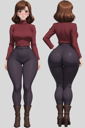 Age 24-year-old, red long sleeves turtleneck shirt, tight black work office trousers, grey jumpboots, long curvy bob bang brown hair, brown eyes, curvy wide hips, Thicc Juicy jiggling Bulge Big Butt, 51 inches butt, blushing in embarrassment, character_sheet, masterpiece, best quality, detailed face, detailed buttocks and tight stretch pants, 4K detailed, high-resolution, Shinji_Nishikawa_Artstyle, Shoujo_Anime,90s Aesthetic, 1980s \(style\), 