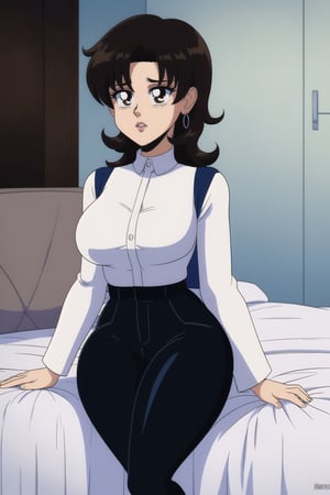 Miki Saegusa, curly short bob curvy bang brown hair, ((brown eyes)), curvy wide hips, Bootylicious, ((Brown vest)), white shirt, ((black pants)),black footwear boots, earrings, bedroom, masterpiece,  best quality,  detailed face,  detailed eyes,  highres, 80s Anime ,EPTakeuchiNaokoStyle