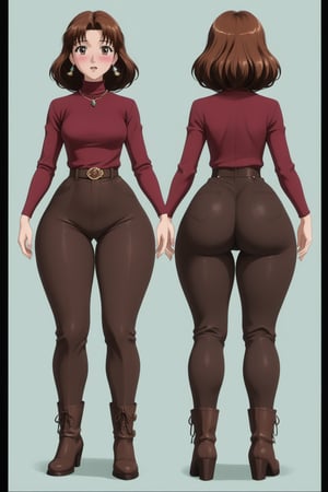 Age 24-year-old, red long sleeves turtleneck shirt, tight brown trousers pants, grey rain boots, long curvy bang brown hair, brown eyes, curvy wide hips, Thicc Juicy jiggling Bulge Big Butt, 51 inches butt, blushing in embarrassment, girl looking at her butt in shock expression, mouth agape, inflating butt, hand_on_butt,  character_sheet, masterpiece, best quality, detailed face, detailed buttocks and tight pants, 4K detailed, high-resolution, Shinji_Nishikawa_Artstyle, Shoujo_Anime,90s Aesthetic, 1980s \(style\), 