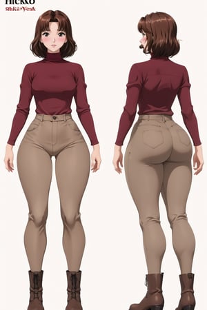 Age 24-year-old, red long sleeves turtleneck shirt, tight dark brown work trousers, dark grey jumpboots, long curvy bob bang brown hair, brown eyes, curvy wide hips, Thicc Bulge Big Butt, 51 inches butt, blushing in embarrassment, different poses, different facial expressions, character_sheet, masterpiece, best quality, detailed hair and face, detailed buttocks and tight pants, 4K detailed, high-resolution, Shinji_Nishikawa_Artstyle, Shoujo_Anime,90s Aesthetic, 1980s \(style\), 