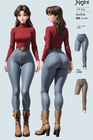 Age 24-year-old, red long sleeves turtleneck shirt, tight brown trousers pants, grey rain boots, long curvy bang brown wet hair, brown eyes, curvy wide hips, Thicc Juicy jiggling Big Butt, 46 inches butt, character_sheet, masterpiece, best quality, detailed face, 4K detailed buttocks and tight pants, 4K detailed, high-resolution, Shinji_Nishikawa_Artstyle, Shoujo_Anime,90s Aesthetic, 1980s \(style\), 