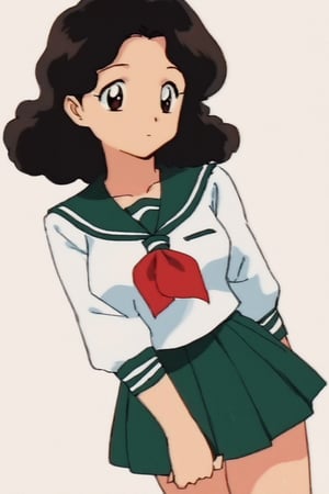 1girl, solo, long hair, looking at viewer, skirt, simple background, shirt, black hair, long sleeves, white background, brown eyes, closed mouth, school uniform, standing, white shirt, cowboy shot, pleated skirt, serafuku, sailor collar, neckerchief, wavy hair, expressionless, green skirt, red neckerchief, arms at sides, retro artstyle, green sailor collar