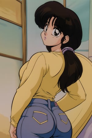 Tendou_kasumi, ((yellow long sleeves button shirt)), ((purple jeans)), ((inflatable jeans)), brown hair, brown eyes, curvy wide hips, thicc juicy butt, Bootylicious, hands on hips, back_view looking-at-viewer, bedroom, masterpiece, best quality, detailed face, detailed, highres, cinematic moviemaker style,