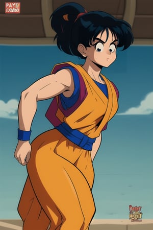 Solo_Female, ((Turtle Goku Gi Uniform skirt)), ((Orange Skirt dress)), curly bob curvy bang black hair, ponytail, black eyes, curvy_wide_hips hips, looking-at-viewer, character_sheet, Concert Art, masterpiece, best quality, detailed face, detailed, highres, 80s Anime Artstyle