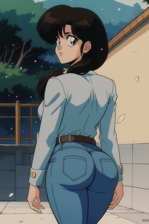 kasumi tendo,  yellow long sleeves button shirt,  grey purple jeans,  brown belt with silver buckle in the middle, brown hair,  brown eyes, wide big butt, thicc curvy hips, love_expression, walking, back view, looking_at_viewer, raining ally street, masterpiece,  best quality,  detailed face,  detailed eyes,  highres, Extremely Realistic, ,filmic, 80s film
