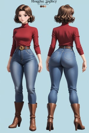 Age 24-year-old, red long sleeves turtleneck shirt, tight brown trousers pants, no strings boots, curly curvy short bob and curved bang brown hair, brown eyes, curvy wide hips, Thicc Juicy jiggling Big Butt, 51 inches ass, character_sheet, masterpiece, best quality, detailed face, detailed buttocks and tight pants, 4K detailed, detailed hair, high-resolution, Shinji_Nishikawa_Artstyle, Shoujo_Anime,90s Aesthetic, 1980s \(style\), 