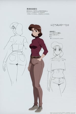  24-year-old Mature Milf Female, red long sleeves turtleneck shirt, tight brown pants, grey boots, short neck fuffy curvy bang brown hair, brown eyes, curvy wide hips, Thicc Juicy Big Butt, (46 inches butt), concept art, full body, masterpiece, best quality, detailed face, HD detailed, high-resolution, Shinji_Nishikawa_Artstyle, Shoujo_Anime,90s Aesthetic, reference sheet, 1980s \(style\),