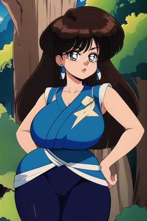 ukyo kuonji, brown_hair, brown eyes, blue and white ukyo outfit ,black leggins, big thicc hips, nature, hands over hips, damsel in distress, masterpiece, best quality, detailed face, detailed eyes, highres,
