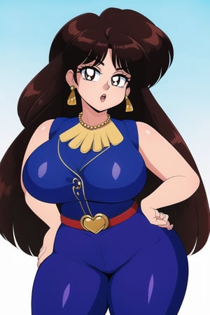 
Kuonji Ukyo, violet beauregarde costume, blue pants, red belt with gold ring in the middle, long brown hair, brown eyes, thicc big hips, curvy_hips, both hands over hips, candy shop, masterpiece, best quality, detailed face, detailed eyes, highres,
