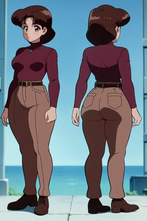 38 year old Milf Female, red long sleeves turtleneck shirt,tight brown trousers, grey boots, short neck curvy bang brown hair, brown eyes, curvy wide hips, Thicc Juicy Big Butt, 40 inches butt, character_sheet, looking-at-viewer, masterpiece, best quality, detailed face, HD detailed, high_resolution, Shinji_Nishikawa_Artstyle, Shoujo_Anime,90s Aesthetic,gunsmith,lum