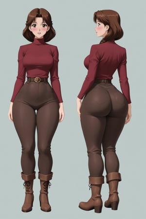 Age 24-year-old, red long sleeves turtleneck shirt, tight brown trousers pants, grey rain boots, long curvy bang brown hair, brown eyes, curvy wide hips, Thicc Juicy jiggling Bulge Big Butt, 51 inches butt, blushing in embarrassment, girl looking at her butt in shock expression, mouth agape, inflating butt, hand_on_butt,  character_sheet, masterpiece, best quality, detailed face, detailed buttocks and tight pants, 4K detailed, high-resolution, Shinji_Nishikawa_Artstyle, Shoujo_Anime,90s Aesthetic, 1980s \(style\), 