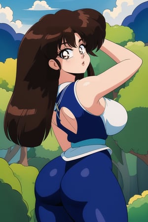 ukyo kuonji, brown_hair, brown eyes, blue and white ukyo outfit ,black leggins, big thicc hips, nature, hands over hips, back view, looking at viewer, masterpiece, best quality, detailed face, detailed eyes, highres,
